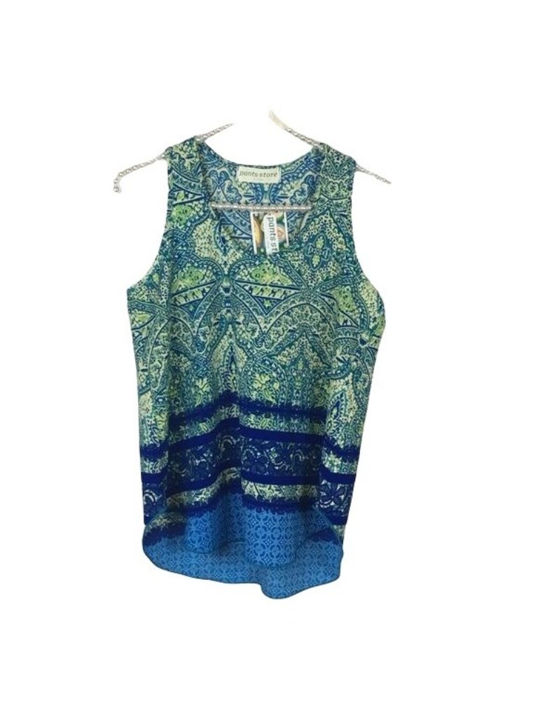 Blue & Green Patterned Sleeveless Tank Top By Pants Store S 97% Polyester 3% Spa — image 2 of 5